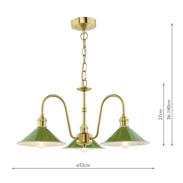 Dar HAD0340-07 Hadano 3 Light Pendant Natural Brass and Gloss Green Metal Shade 18cm