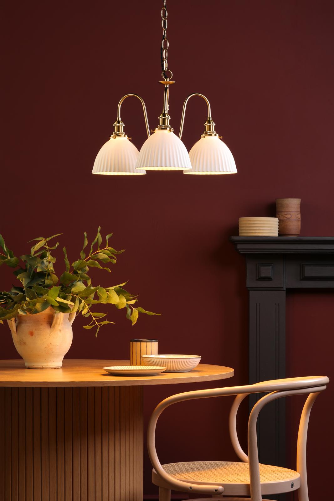 Dar HAD0340-09 Hadano 3 Light Pendant Natural Brass and White Domed Ceramic Shade