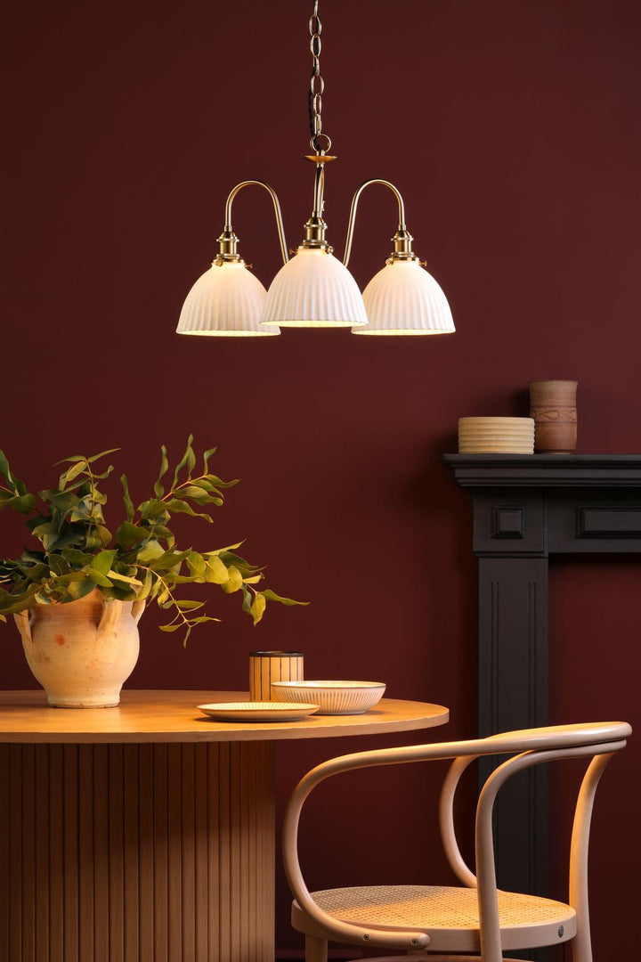 Dar HAD0340-09 Hadano 3 Light Pendant Natural Brass and White Domed Ceramic Shade