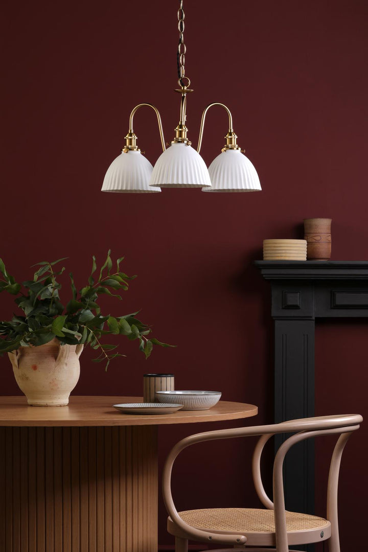 Dar HAD0340-09 Hadano 3 Light Pendant Natural Brass and White Domed Ceramic Shade