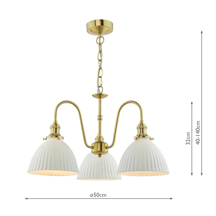 Dar HAD0340-09 Hadano 3 Light Pendant Natural Brass and White Domed Ceramic Shade