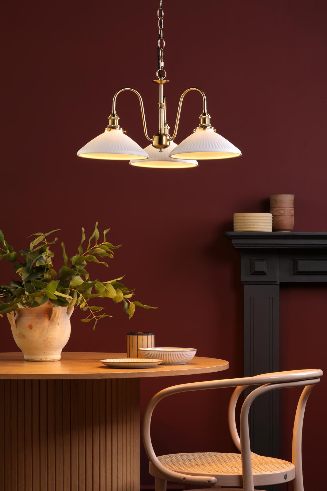 Dar HAD0340-10 Hadano 3 Light Pendant Natural Brass and White Shallow Ceramic Shade