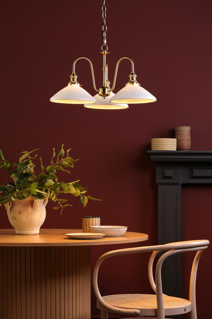 Dar HAD0340-10 Hadano 3 Light Pendant Natural Brass and White Shallow Ceramic Shade