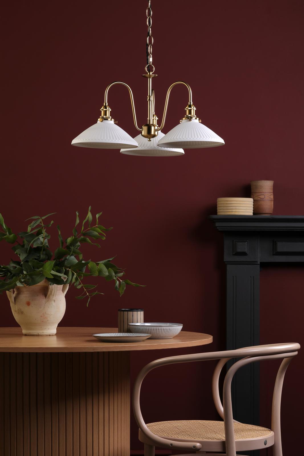 Dar HAD0340-10 Hadano 3 Light Pendant Natural Brass and White Shallow Ceramic Shade