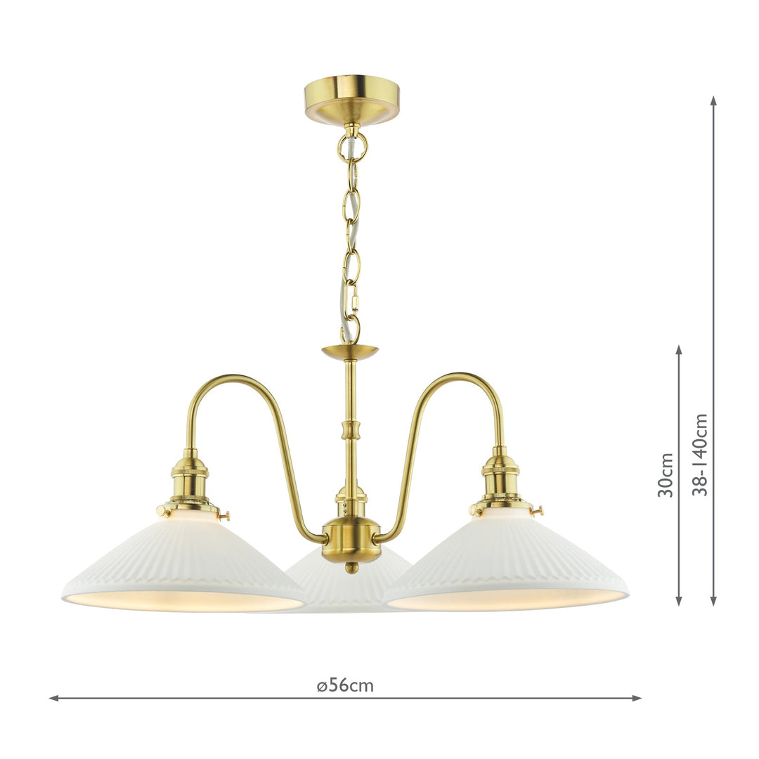 Dar HAD0340-10 Hadano 3 Light Pendant Natural Brass and White Shallow Ceramic Shade