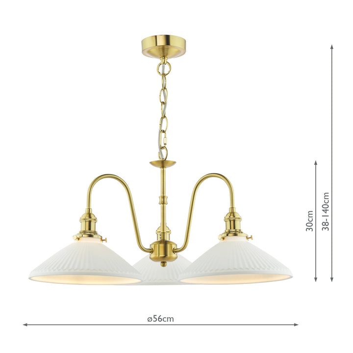 Dar HAD0340-10 Hadano 3 Light Pendant Natural Brass and White Shallow Ceramic Shade