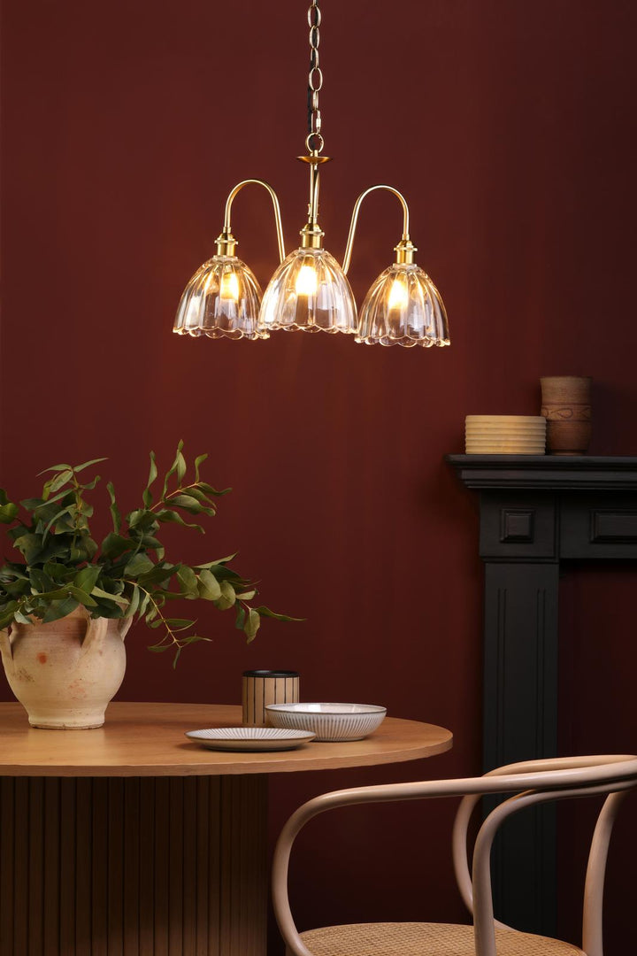 Dar HAD0340-11 Hadano 3 Light Pendant Natural Brass and Scalloped Bell Glass Shade