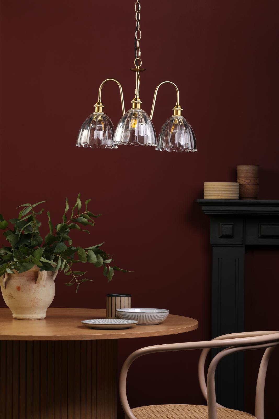 Dar HAD0340-11 Hadano 3 Light Pendant Natural Brass and Scalloped Bell Glass Shade