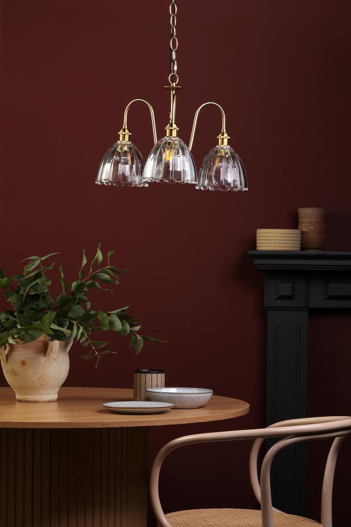 Dar HAD0340-11 Hadano 3 Light Pendant Natural Brass and Scalloped Bell Glass Shade