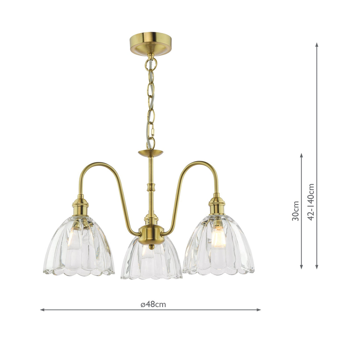 Dar HAD0340-11 Hadano 3 Light Pendant Natural Brass and Scalloped Bell Glass Shade