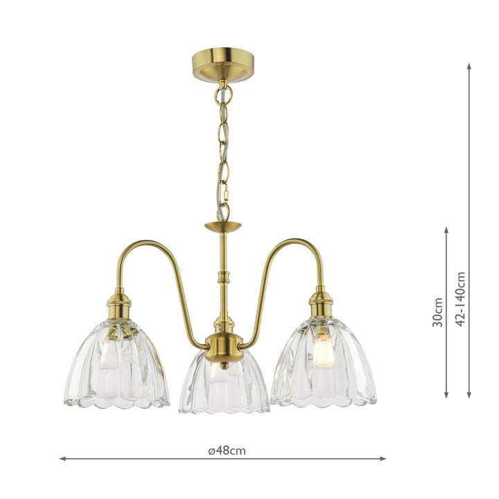 Dar HAD0340-11 Hadano 3 Light Pendant Natural Brass and Scalloped Bell Glass Shade
