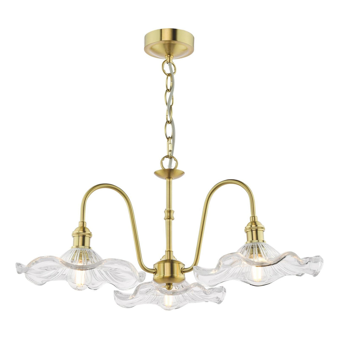 Dar HAD0340-12 Hadano 3 Light Pendant Natural Brass and Wavy Glass Shade