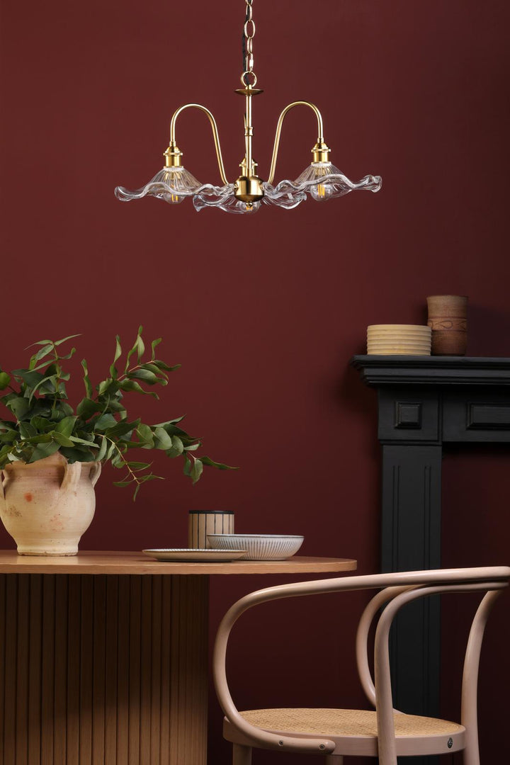 Dar HAD0340-12 Hadano 3 Light Pendant Natural Brass and Wavy Glass Shade