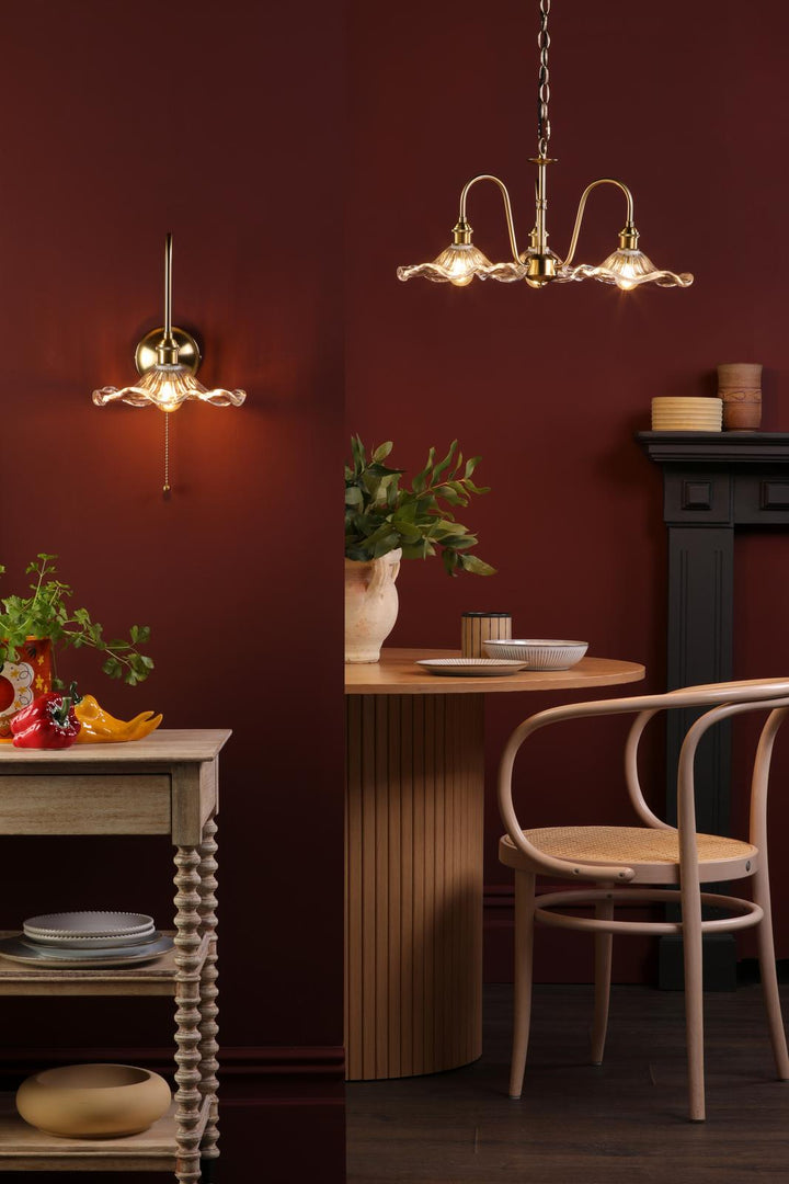 Dar HAD0340-12 Hadano 3 Light Pendant Natural Brass and Wavy Glass Shade
