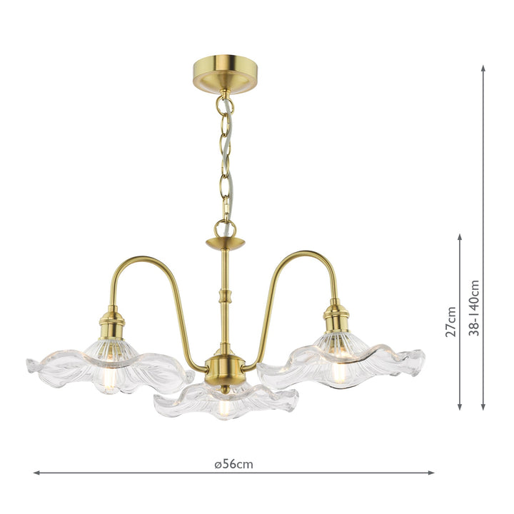 Dar HAD0340-12 Hadano 3 Light Pendant Natural Brass and Wavy Glass Shade