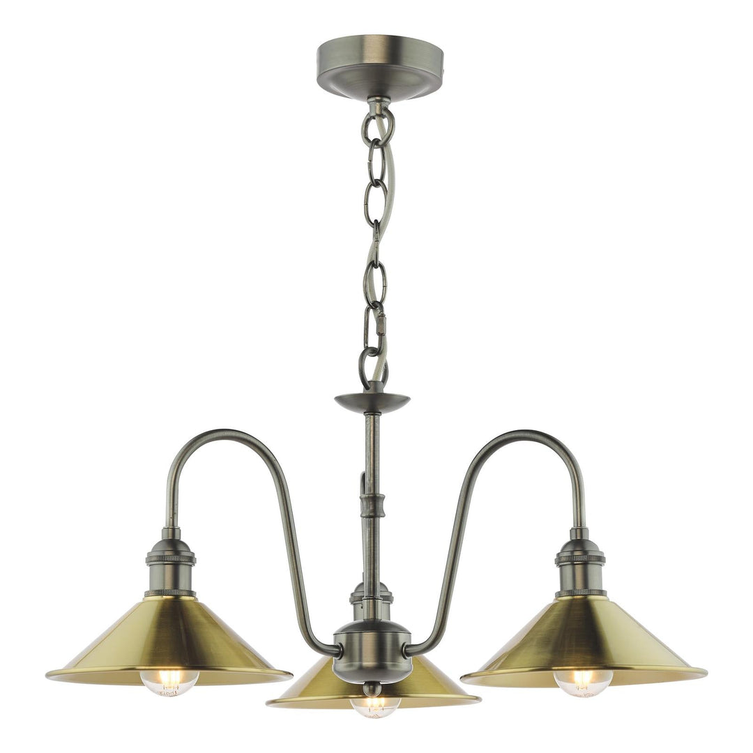 Dar HAD0361-01 Hadano 3 Light Pendant Antique Chrome and Aged Brass Metal Shade 18cm