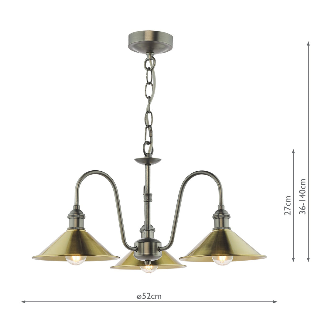 Dar HAD0361-01 Hadano 3 Light Pendant Antique Chrome and Aged Brass Metal Shade 18cm