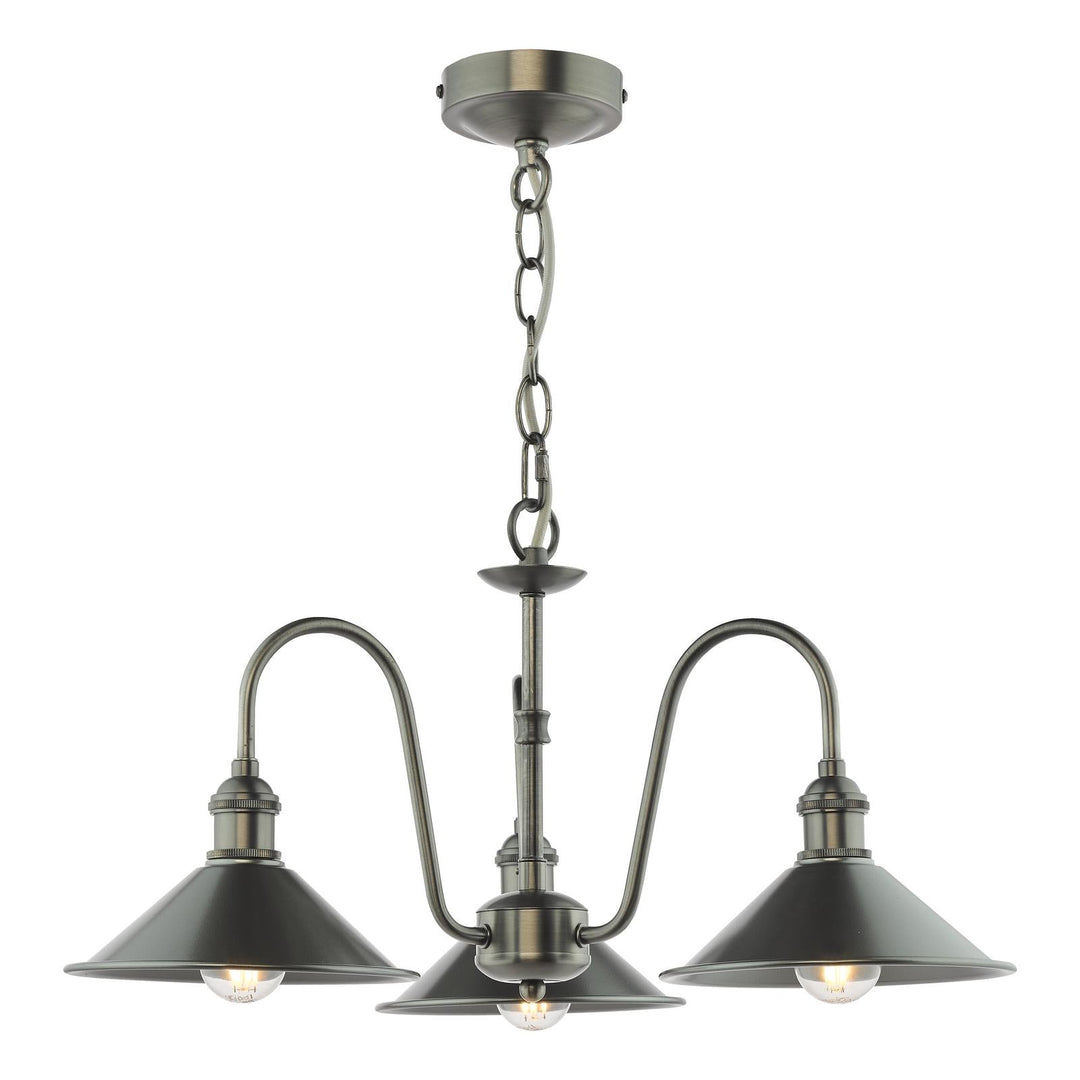 Dar HAD0361-02 Hadano 3 Light Pendant Antique Chrome and Pewter Metal Shade 18cm