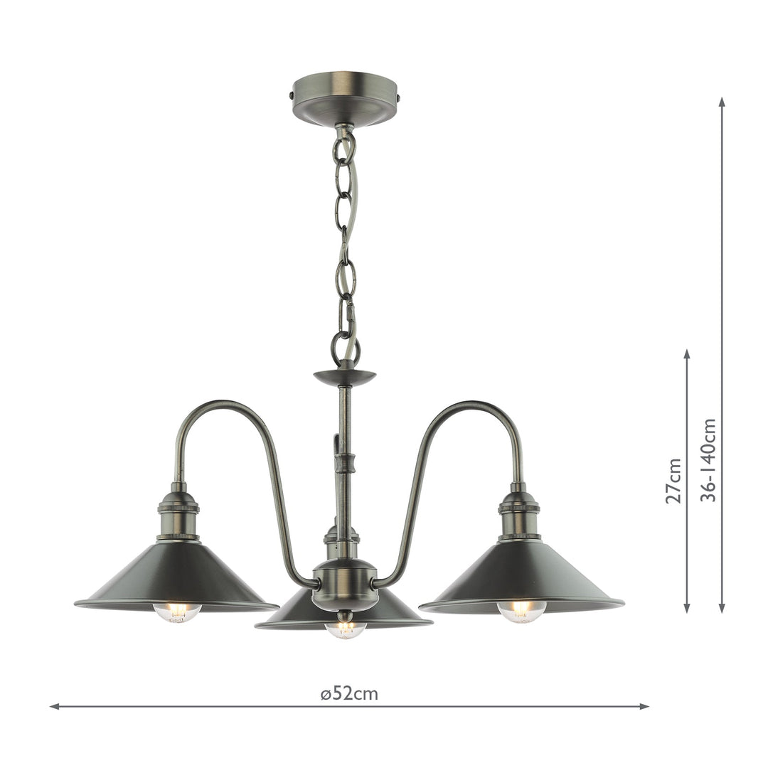 Dar HAD0361-02 Hadano 3 Light Pendant Antique Chrome and Pewter Metal Shade 18cm