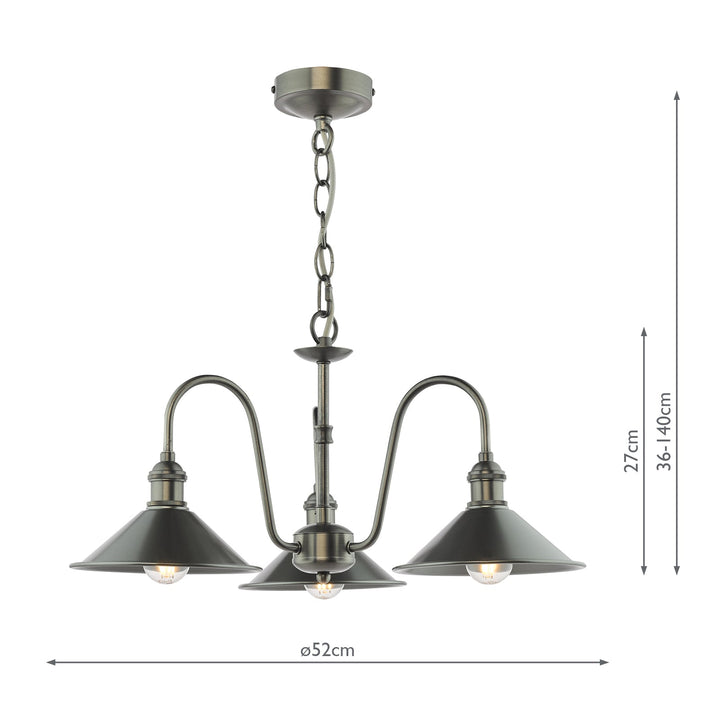 Dar HAD0361-02 Hadano 3 Light Pendant Antique Chrome and Pewter Metal Shade 18cm