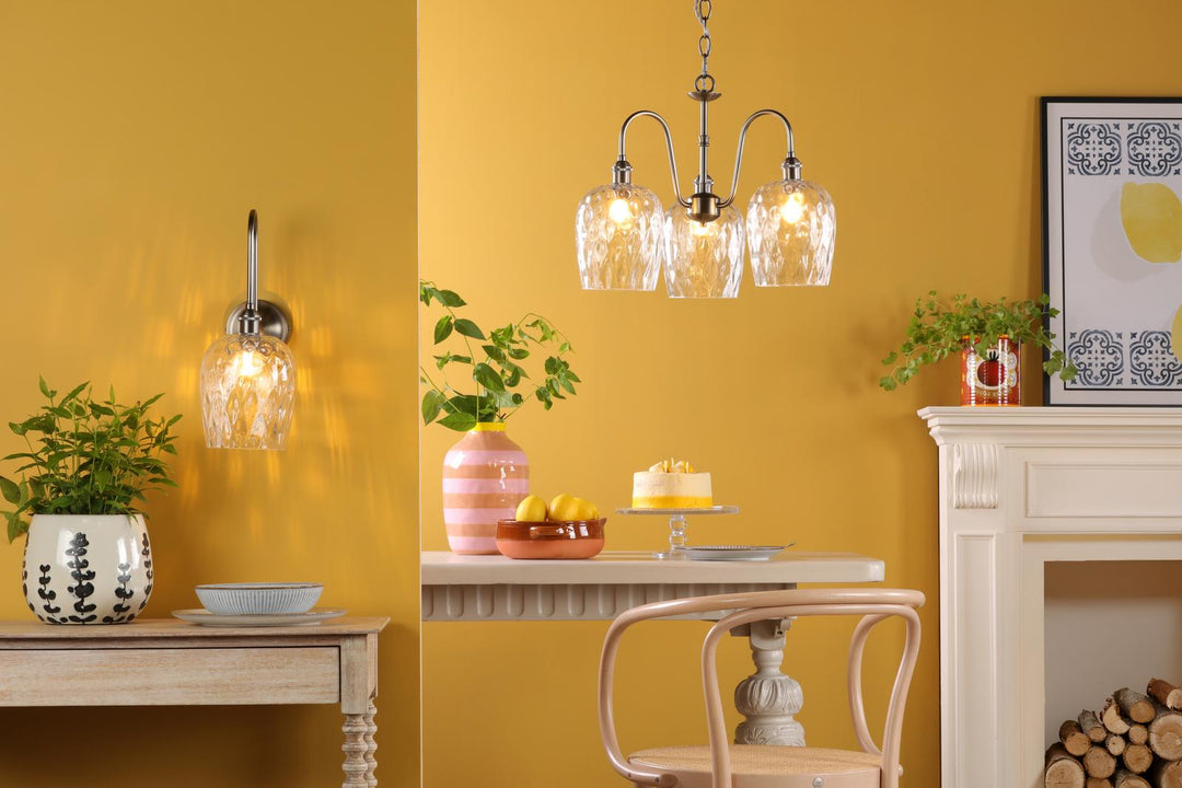 Dar HAD0361-03 Hadano 3 Light Pendant Antique Chrome and Clear Dimpled Glass Shade