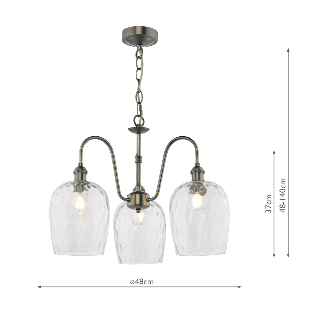 Dar HAD0361-03 Hadano 3 Light Pendant Antique Chrome and Clear Dimpled Glass Shade