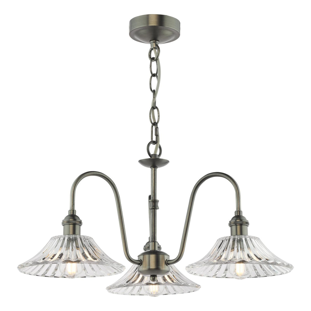 Dar HAD0361-04 Hadano 3 Light Pendant Antique Chrome and Clear Flared Glass Shade