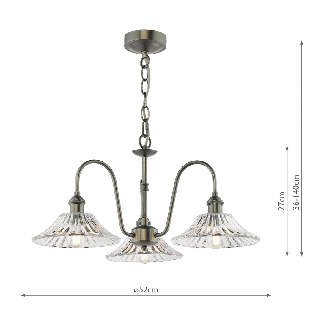 Dar HAD0361-04 Hadano 3 Light Pendant Antique Chrome and Clear Flared Glass Shade