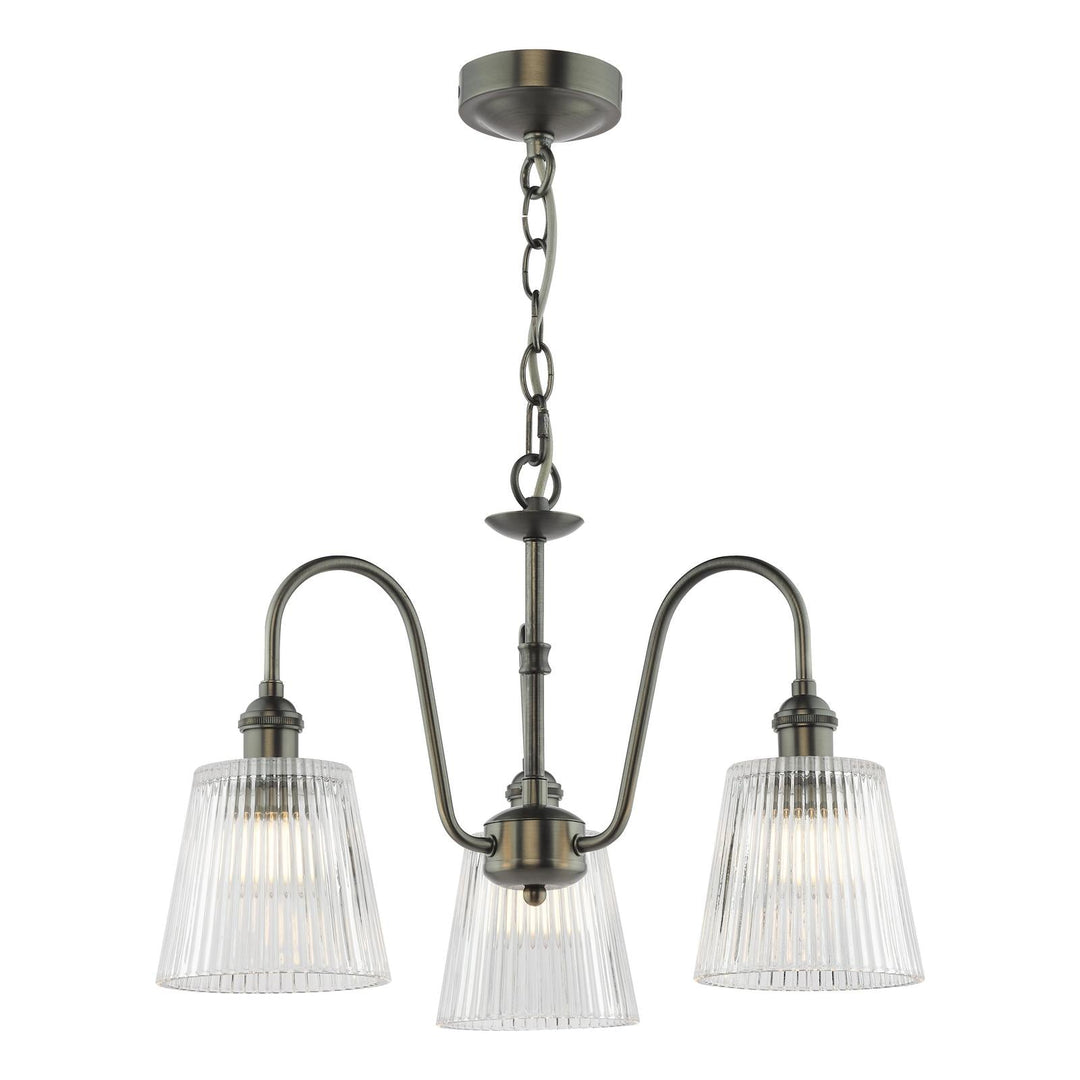 Dar HAD0361-05 Hadano 3 Light Pendant Antique Chrome and Clear Ribbed Glass Shade