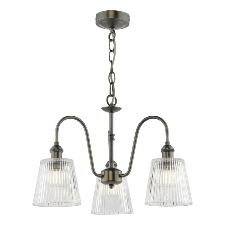 Dar HAD0361-05 Hadano 3 Light Pendant Antique Chrome and Clear Ribbed Glass Shade