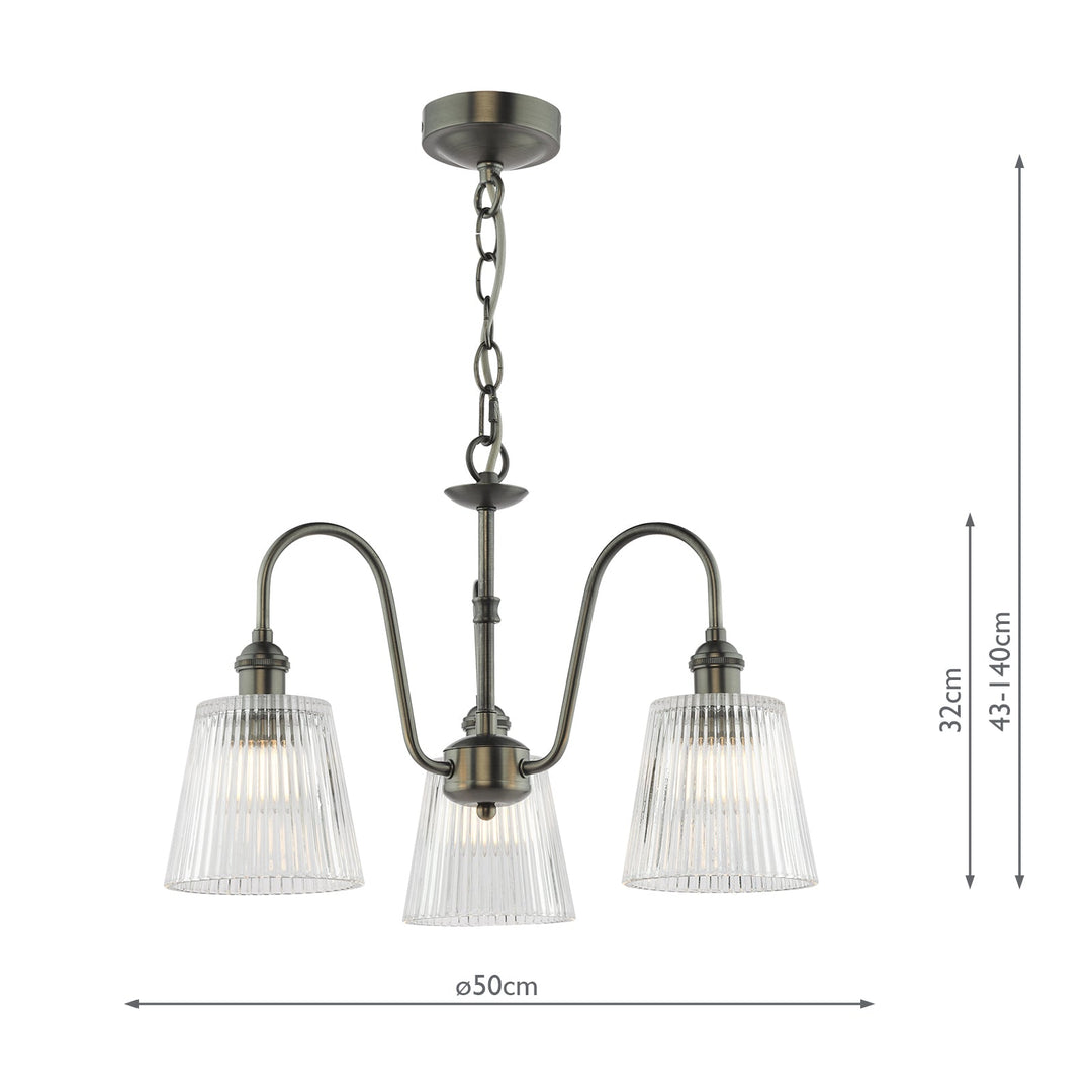 Dar HAD0361-05 Hadano 3 Light Pendant Antique Chrome and Clear Ribbed Glass Shade
