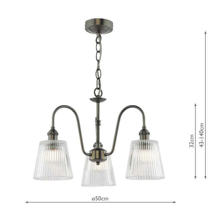 Dar HAD0361-05 Hadano 3 Light Pendant Antique Chrome and Clear Ribbed Glass Shade