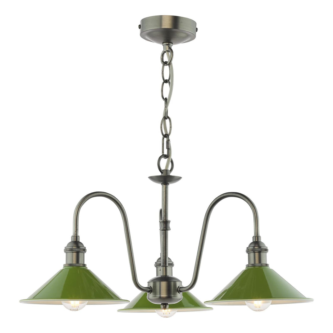 Dar HAD0361-07 Hadano 3 Light Pendant Antique Chrome and Gloss Green Metal Shade 18cm