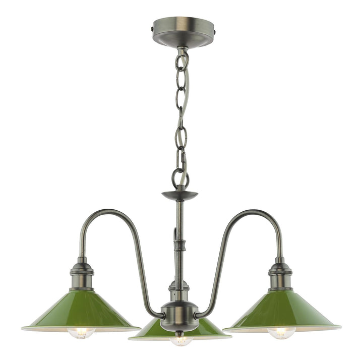 Dar HAD0361-07 Hadano 3 Light Pendant Antique Chrome and Gloss Green Metal Shade 18cm