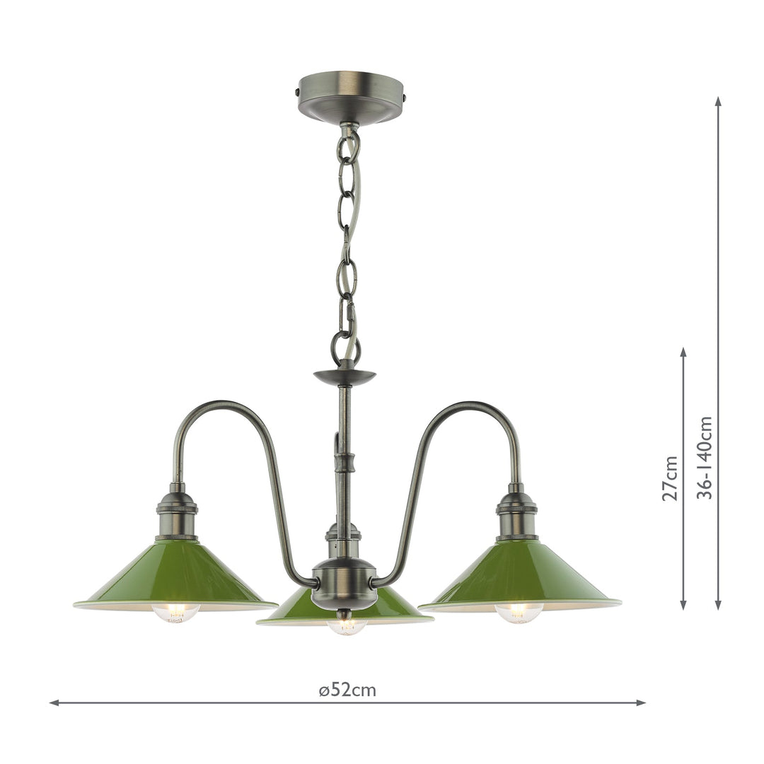 Dar HAD0361-07 Hadano 3 Light Pendant Antique Chrome and Gloss Green Metal Shade 18cm