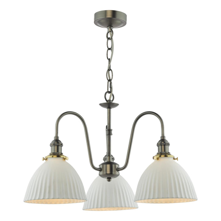 Dar HAD0361-09 Hadano 3 Light Pendant Antique Chrome and White Domed Ceramic Shade
