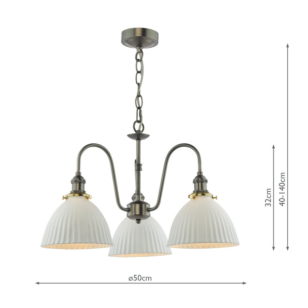 Dar HAD0361-09 Hadano 3 Light Pendant Antique Chrome and White Domed Ceramic Shade