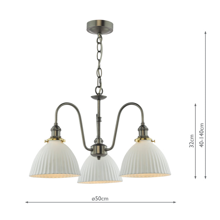 Dar HAD0361-09 Hadano 3 Light Pendant Antique Chrome and White Domed Ceramic Shade