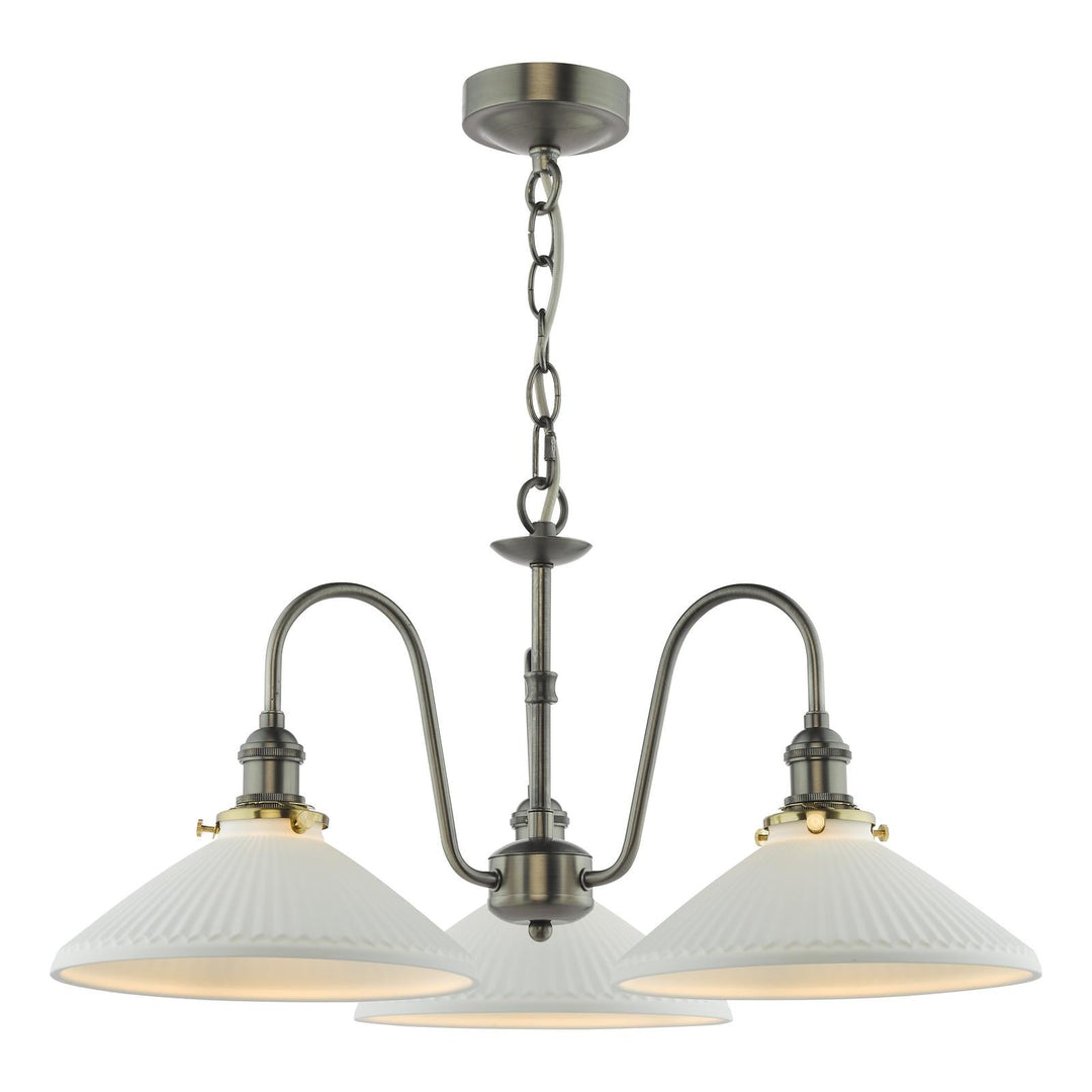 Dar HAD0361-10 Hadano 3 Light Pendant Antique Chrome and White Shallow Ceramic Shade