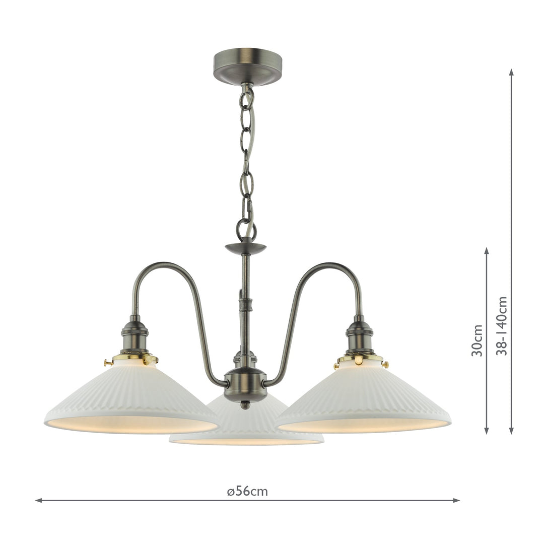 Dar HAD0361-10 Hadano 3 Light Pendant Antique Chrome and White Shallow Ceramic Shade