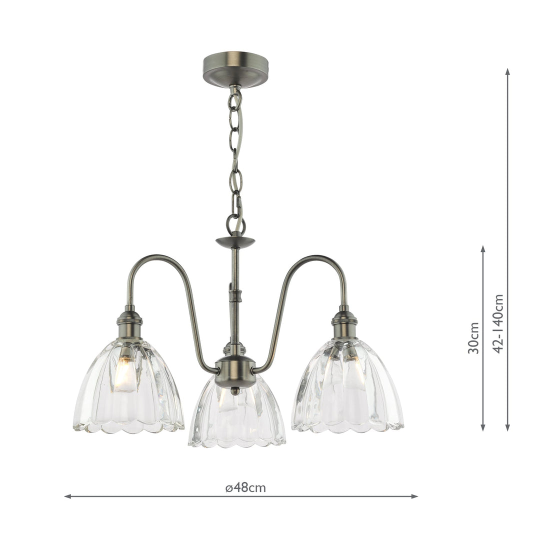 Dar HAD0361-11 Hadano 3 Light Pendant Antique Chrome and Scalloped Bell Glass Shade