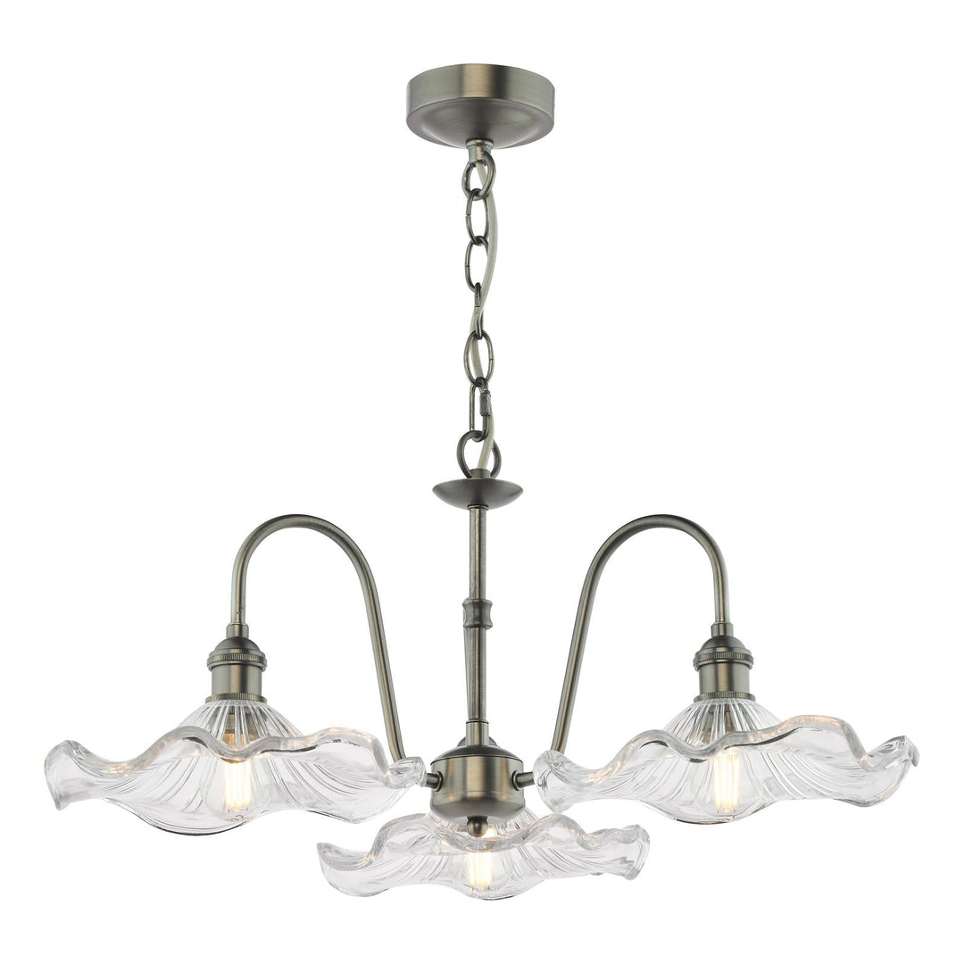 Dar HAD0361-12 Hadano 3 Light Pendant Antique Chrome and Wavy Glass Shade