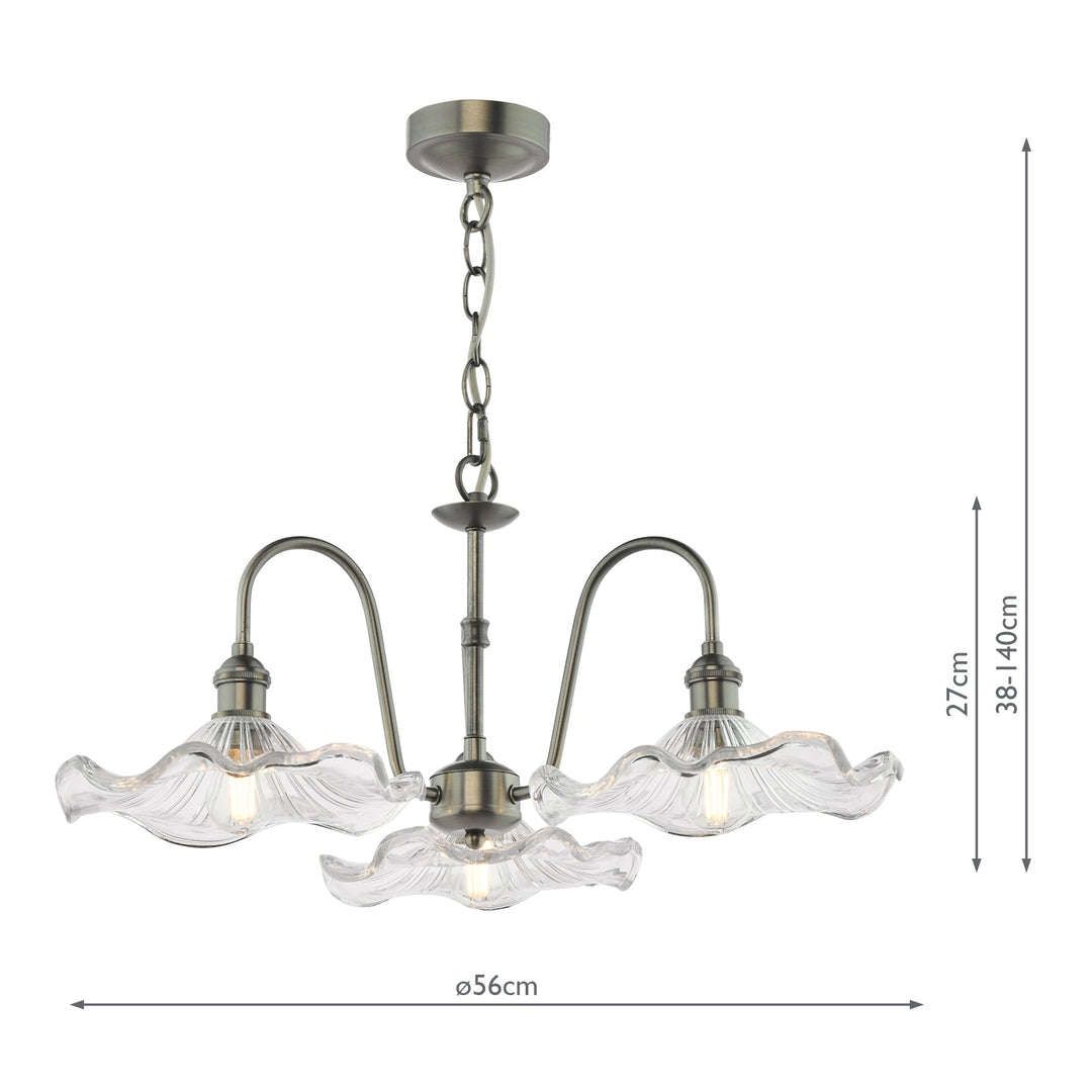 Dar HAD0361-12 Hadano 3 Light Pendant Antique Chrome and Wavy Glass Shade