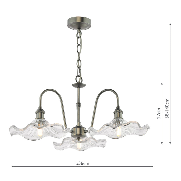 Dar HAD0361-12 Hadano 3 Light Pendant Antique Chrome and Wavy Glass Shade