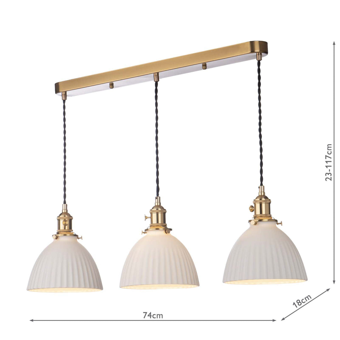 Dar HAD3640-09 Hadano 3 Light Bar Pendant Natural Brass and White Domed Ceramic Shade