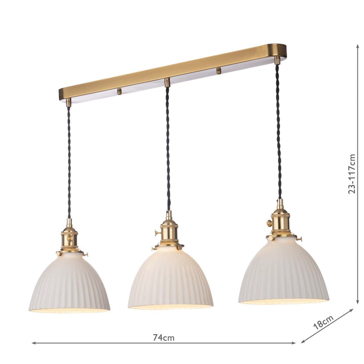 Dar HAD3640-09 Hadano 3 Light Bar Pendant Natural Brass and White Domed Ceramic Shade