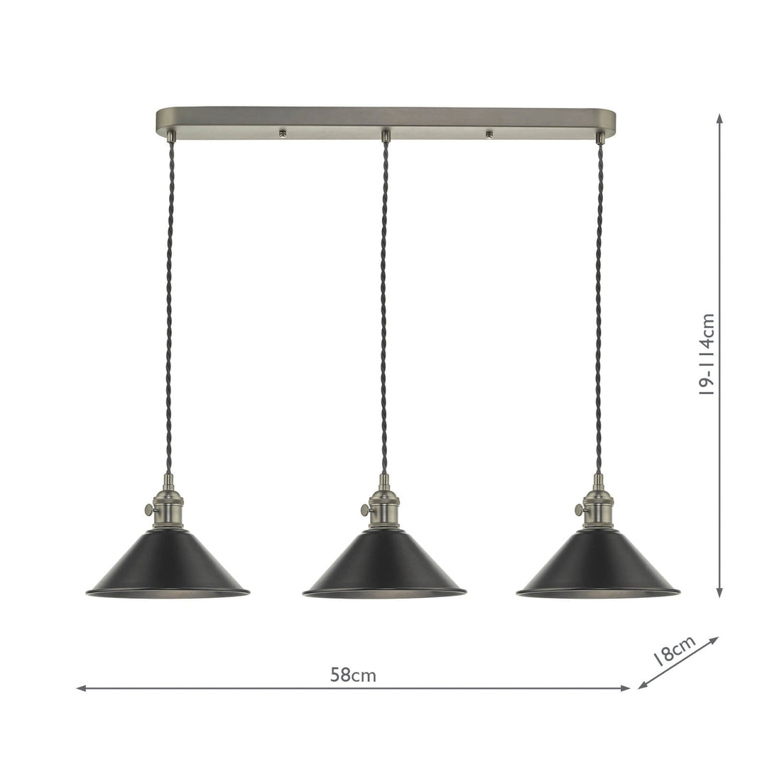Dar HAD3661-02 Hadano 3 Light Bar Pendant Antique Chrome and Pewter Metal Shade 18cm