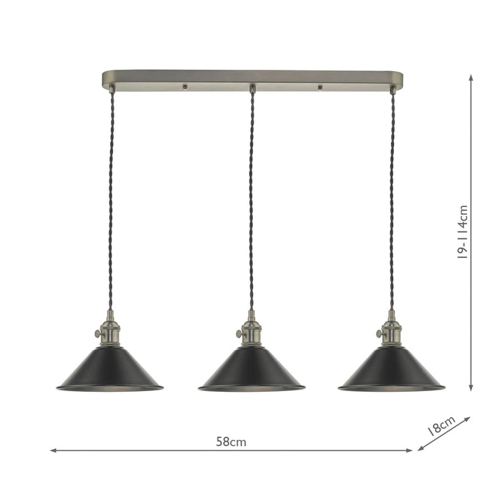 Dar HAD3661-02 Hadano 3 Light Bar Pendant Antique Chrome and Pewter Metal Shade 18cm