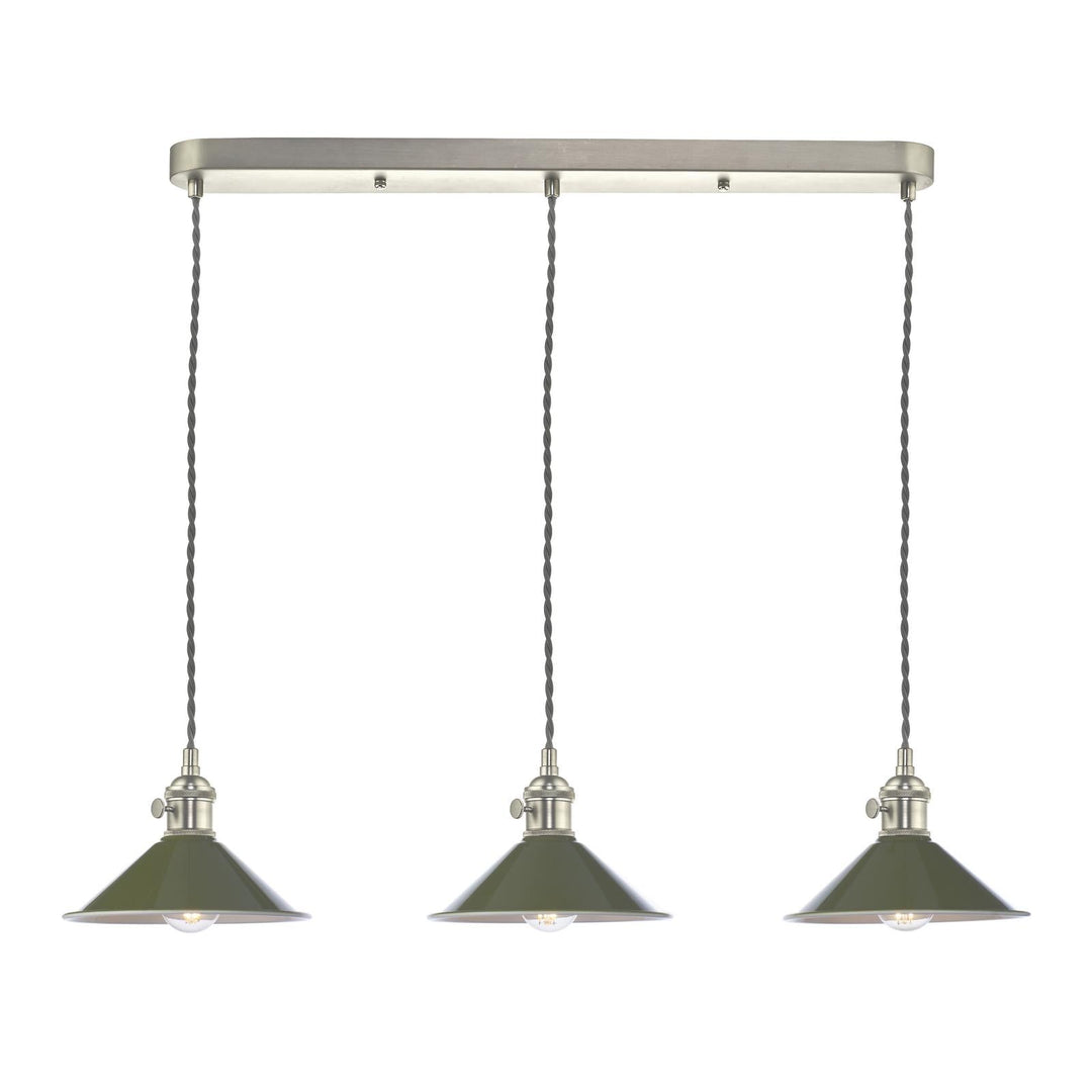 Dar HAD3661-07 Hadano 3 Light Bar Pendant Antique Chrome and Gloss Green Metal Shade 18cm
