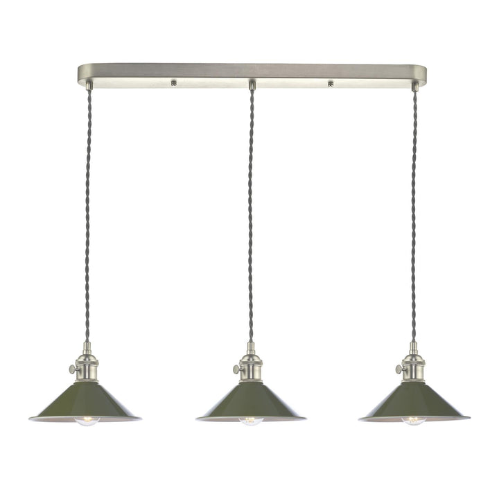 Dar HAD3661-07 Hadano 3 Light Bar Pendant Antique Chrome and Gloss Green Metal Shade 18cm